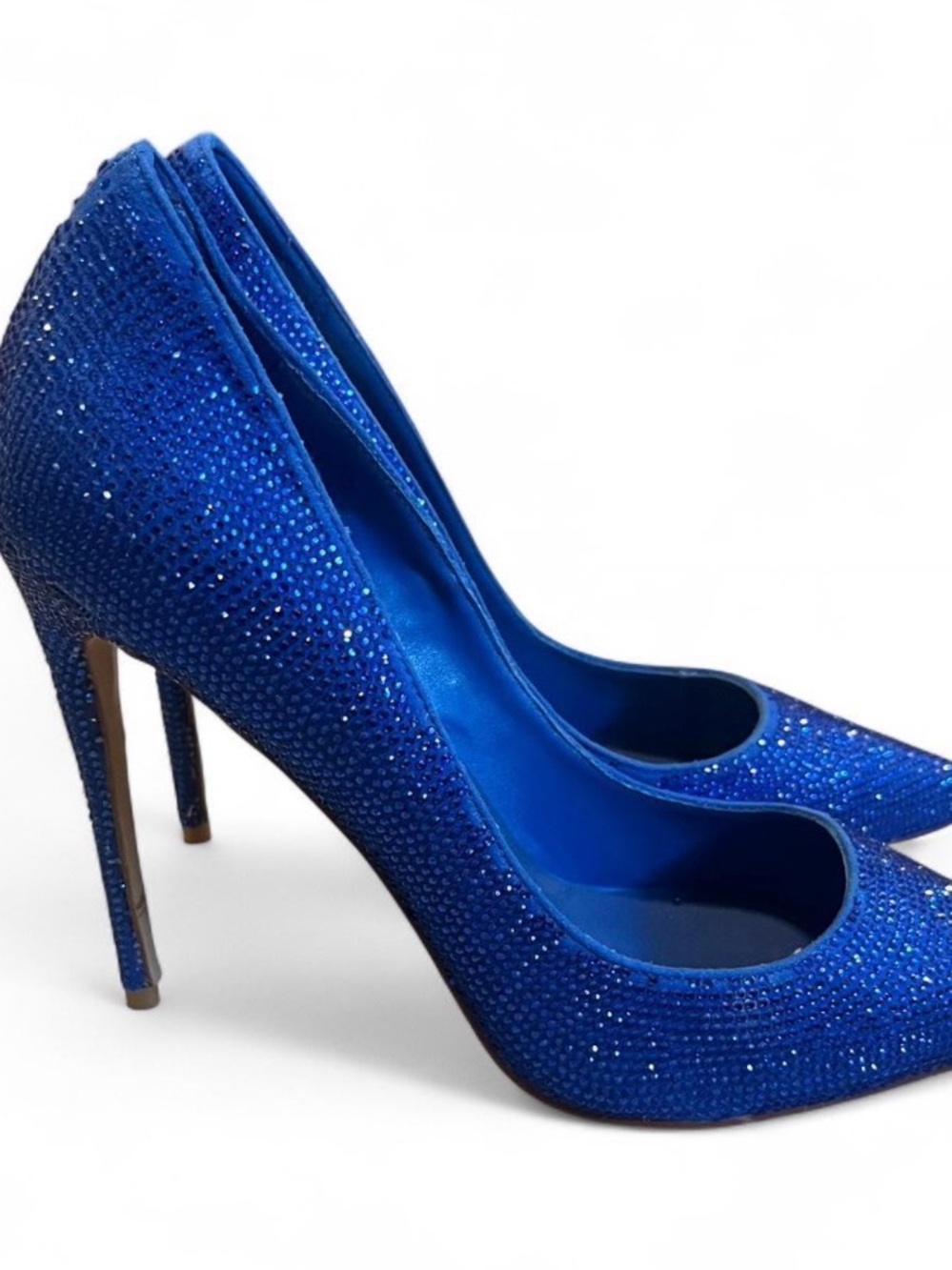 FSJ Royal Blue Crystal Pointed Toe Stiletto Pumps